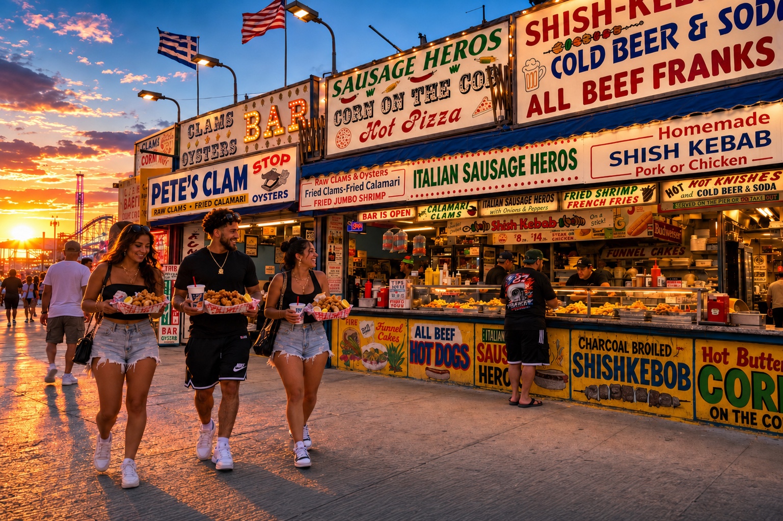 Pete's Clam Stop storefront at sunset with guests carrying seafood on the Coney Island boardwalk